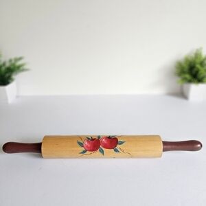 Vintage Decorative Wooden Rolling Pin with Red Apple Rustic Farmhouse Design
